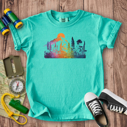 Mountain Wildflowers Sunset Watercolor Kids Cotton T-Shirt