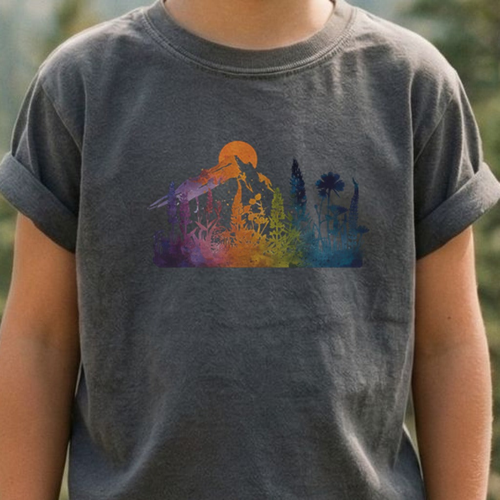 Mountain Wildflowers Sunset Watercolor Kids Cotton T-Shirt