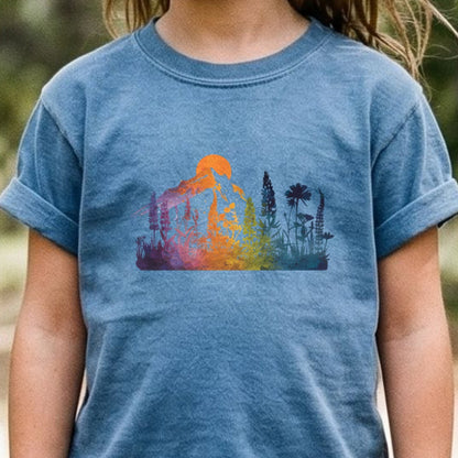 Mountain Wildflowers Sunset Watercolor Kids Cotton T-Shirt