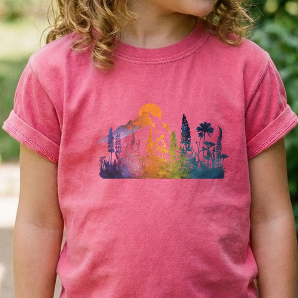 Mountain Wildflowers Sunset Watercolor Kids Cotton T-Shirt