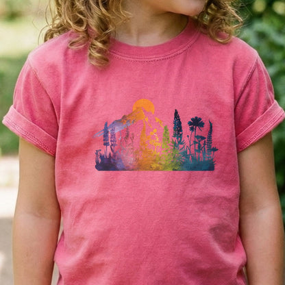 Mountain Wildflowers Sunset Watercolor Kids Cotton T-Shirt