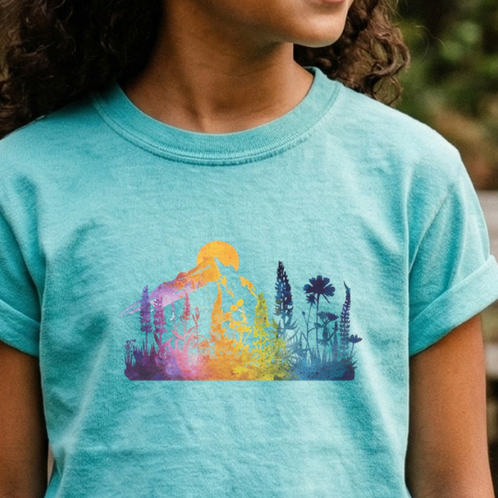 Mountain Wildflowers Sunset Watercolor Kids Cotton T-Shirt