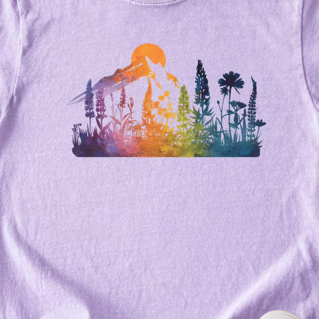 Mountain Wildflowers Sunset Watercolor Kids Cotton T-Shirt