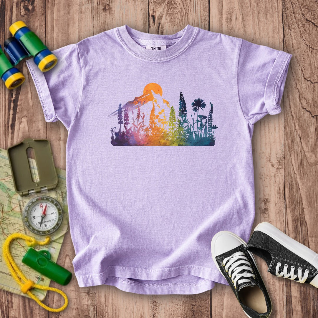 Mountain Wildflowers Sunset Watercolor Kids Cotton T-Shirt
