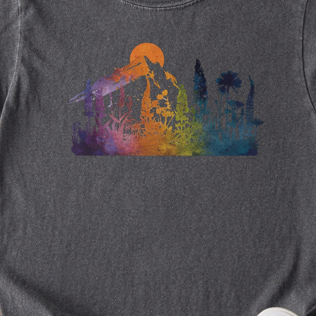 Mountain Wildflowers Sunset Watercolor Kids Cotton T-Shirt