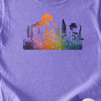 Mountain Wildflowers Sunset Watercolor Kids Cotton T-Shirt