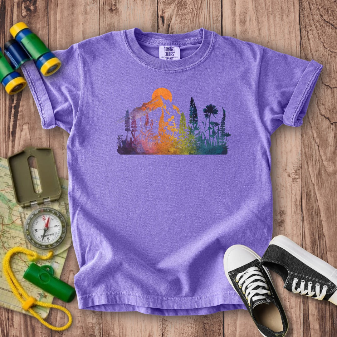 Mountain Wildflowers Sunset Watercolor Kids Cotton T-Shirt