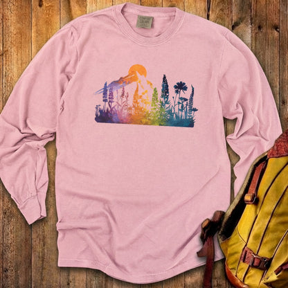 Mountain Wildflowers Sunset Watercolor Cotton Long Sleeve