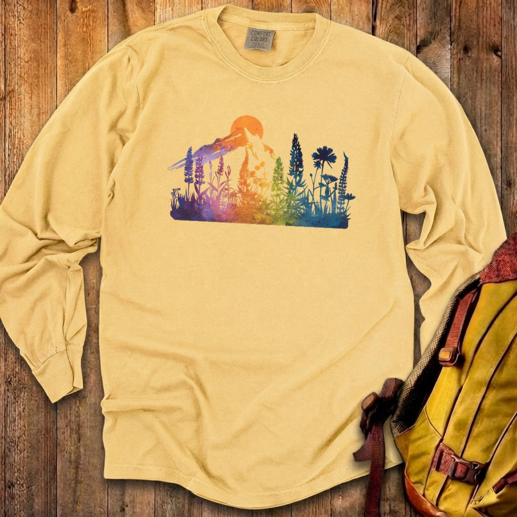 Mountain Wildflowers Sunset Watercolor Cotton Long Sleeve