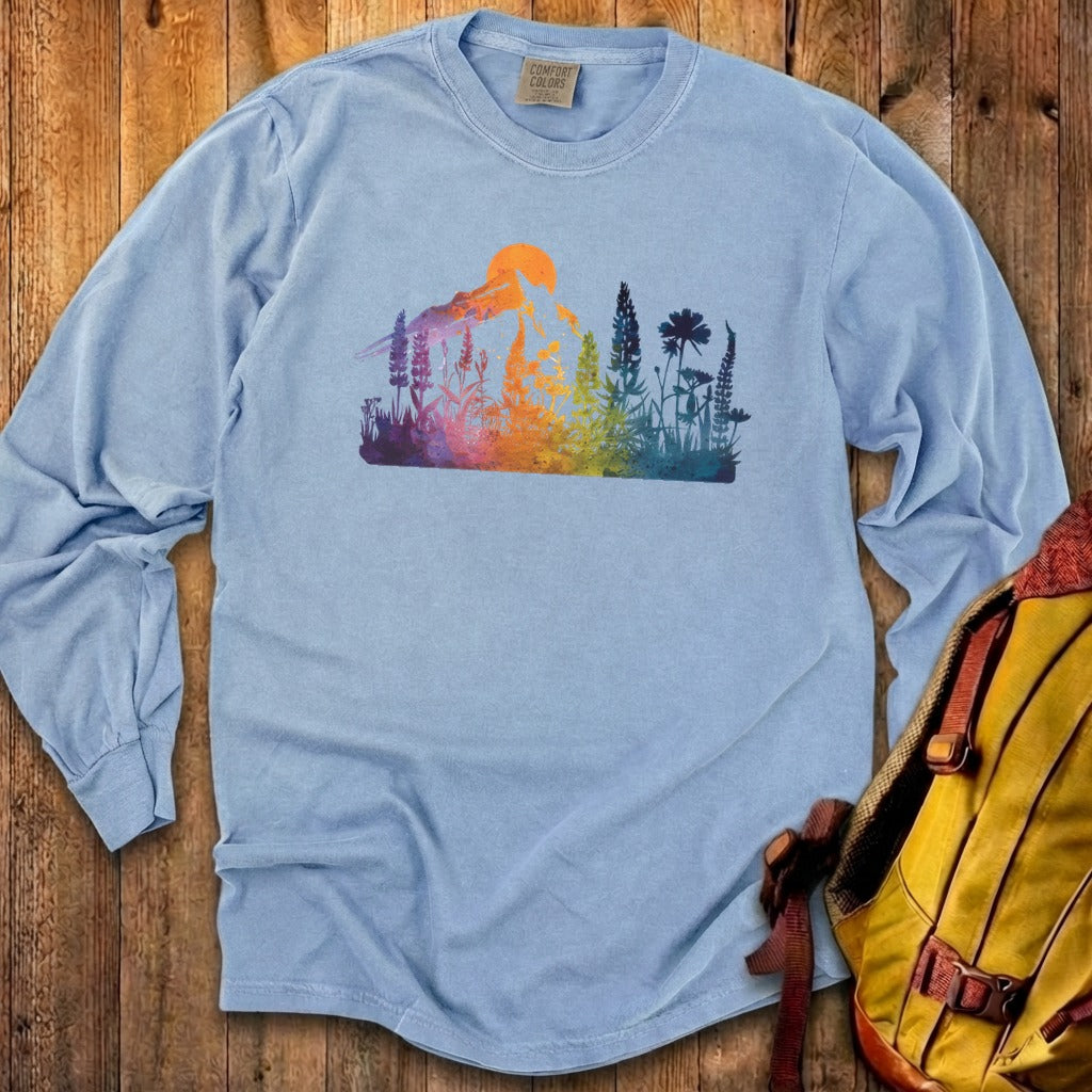 Mountain Wildflowers Sunset Watercolor Cotton Long Sleeve