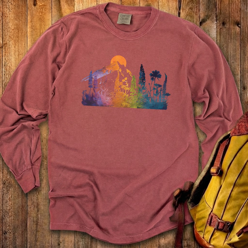 Mountain Wildflowers Sunset Watercolor Cotton Long Sleeve