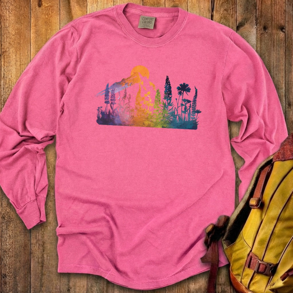 Mountain Wildflowers Sunset Watercolor Cotton Long Sleeve
