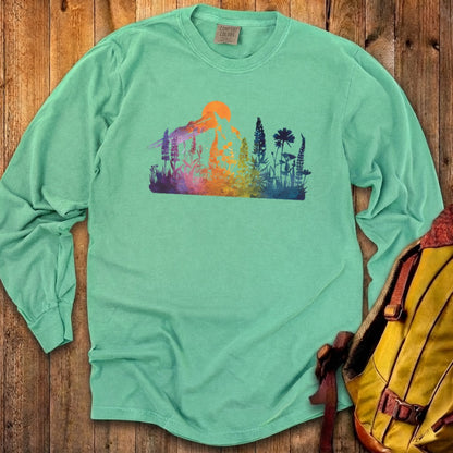Mountain Wildflowers Sunset Watercolor Cotton Long Sleeve