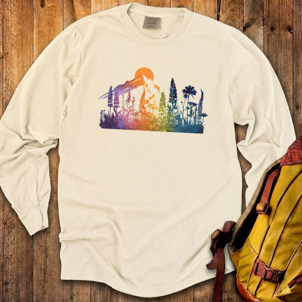 Mountain Wildflowers Sunset Watercolor Cotton Long Sleeve