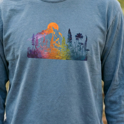 Mountain Wildflowers Sunset Watercolor Cotton Long Sleeve