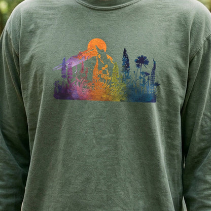 Mountain Wildflowers Sunset Watercolor Cotton Long Sleeve