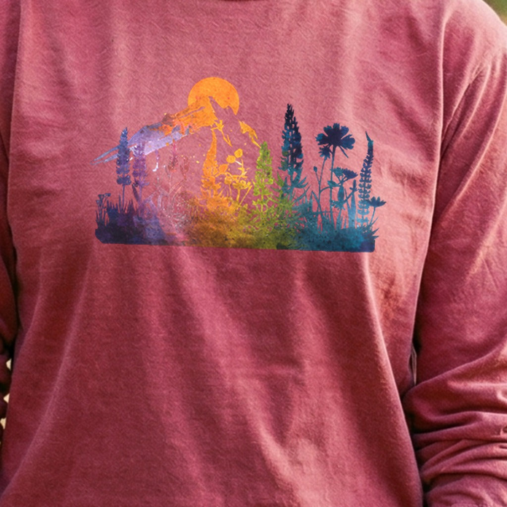 Mountain Wildflowers Sunset Watercolor Cotton Long Sleeve