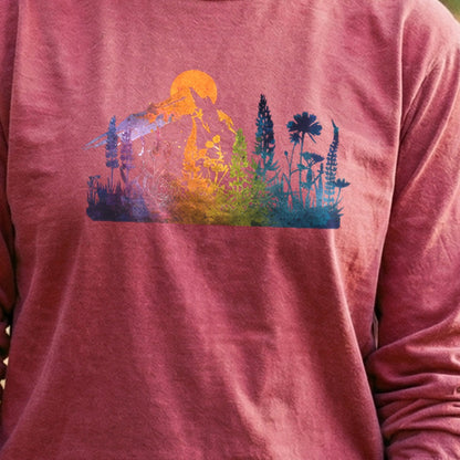 Mountain Wildflowers Sunset Watercolor Cotton Long Sleeve