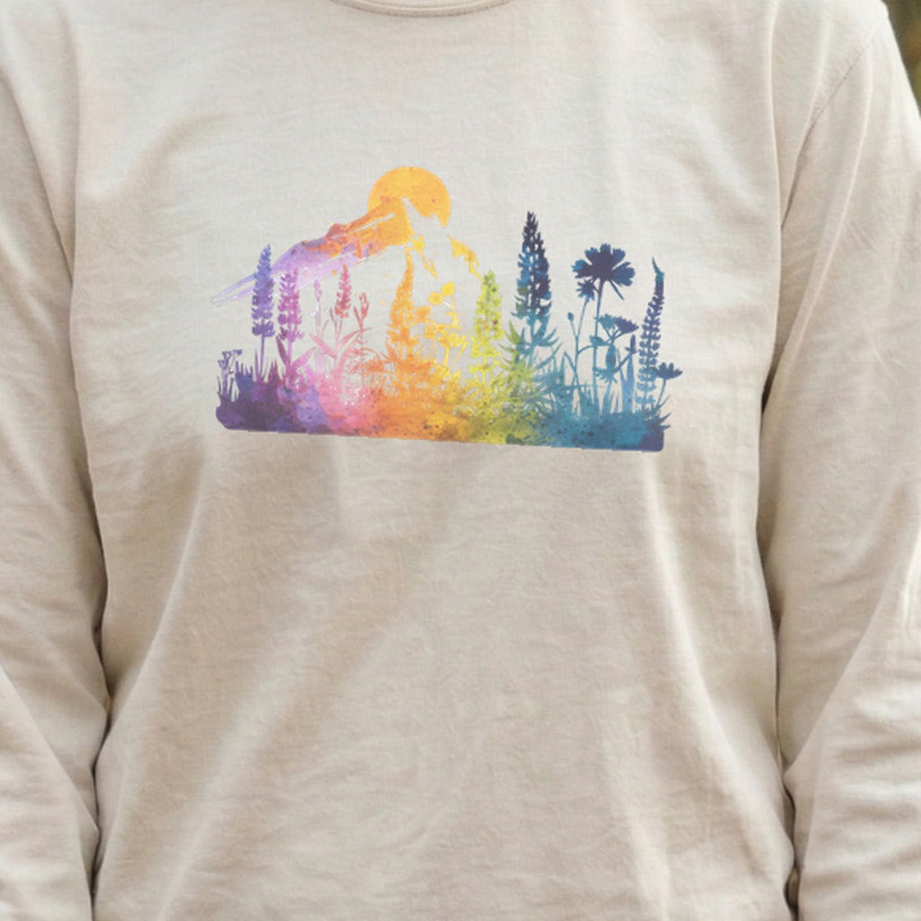 Mountain Wildflowers Sunset Watercolor Cotton Long Sleeve