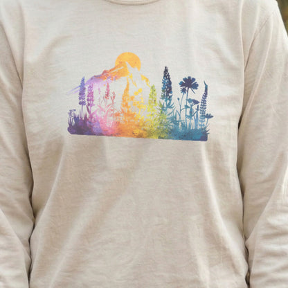 Mountain Wildflowers Sunset Watercolor Cotton Long Sleeve