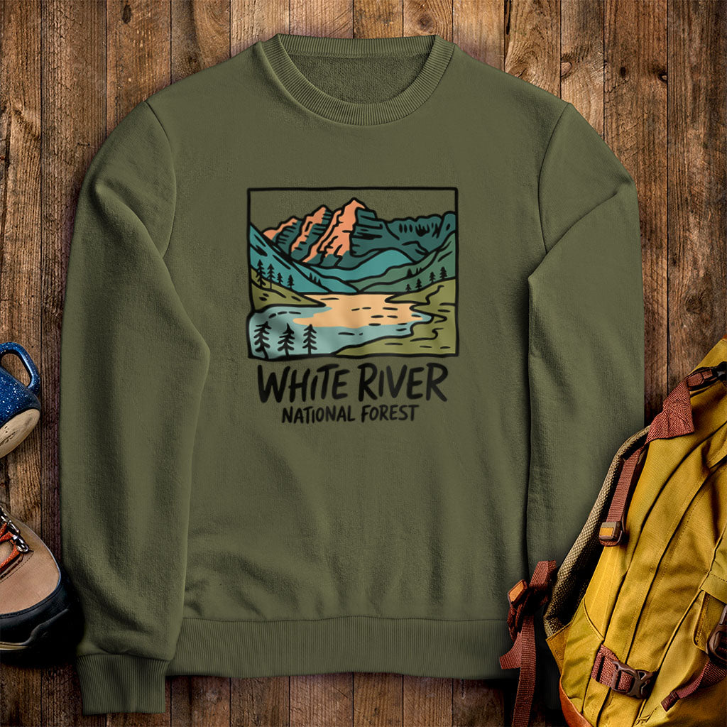 White River National Forest Crewneck Sweatshirt Military Green Adventure and Outdoors Themed Sweatshirt
