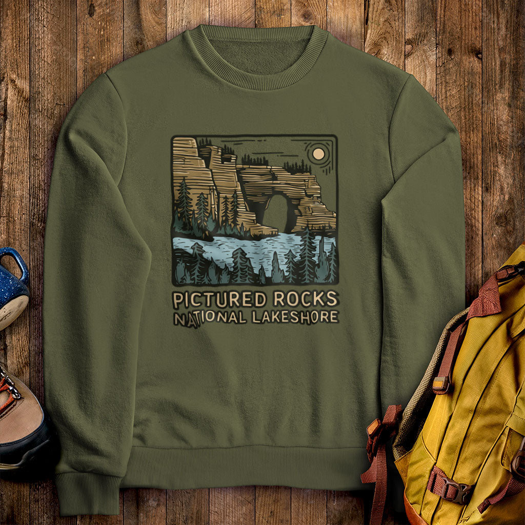 Pictured Rocks National Lakeshore Crewneck Sweatshirt Military Green Adventure and Outdoors Themed Sweatshirt