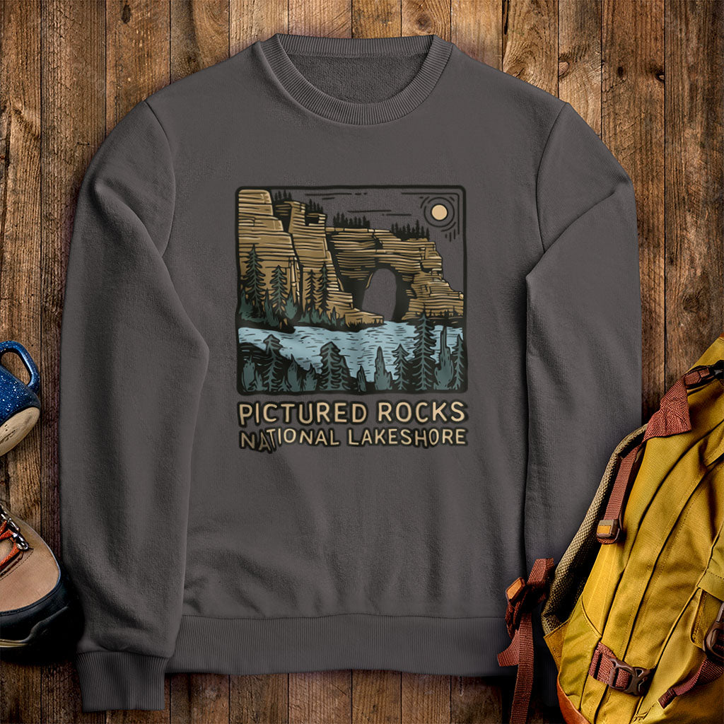 Pictured Rocks National Lakeshore Crewneck Sweatshirt Charcoal Adventure and Outdoors Themed Sweatshirt