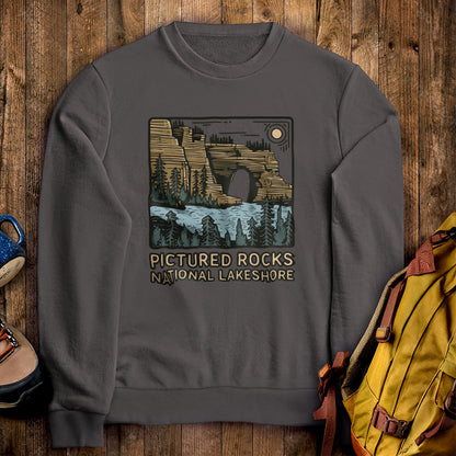 Pictured Rocks National Lakeshore Crewneck Sweatshirt Charcoal Adventure and Outdoors Themed Sweatshirt