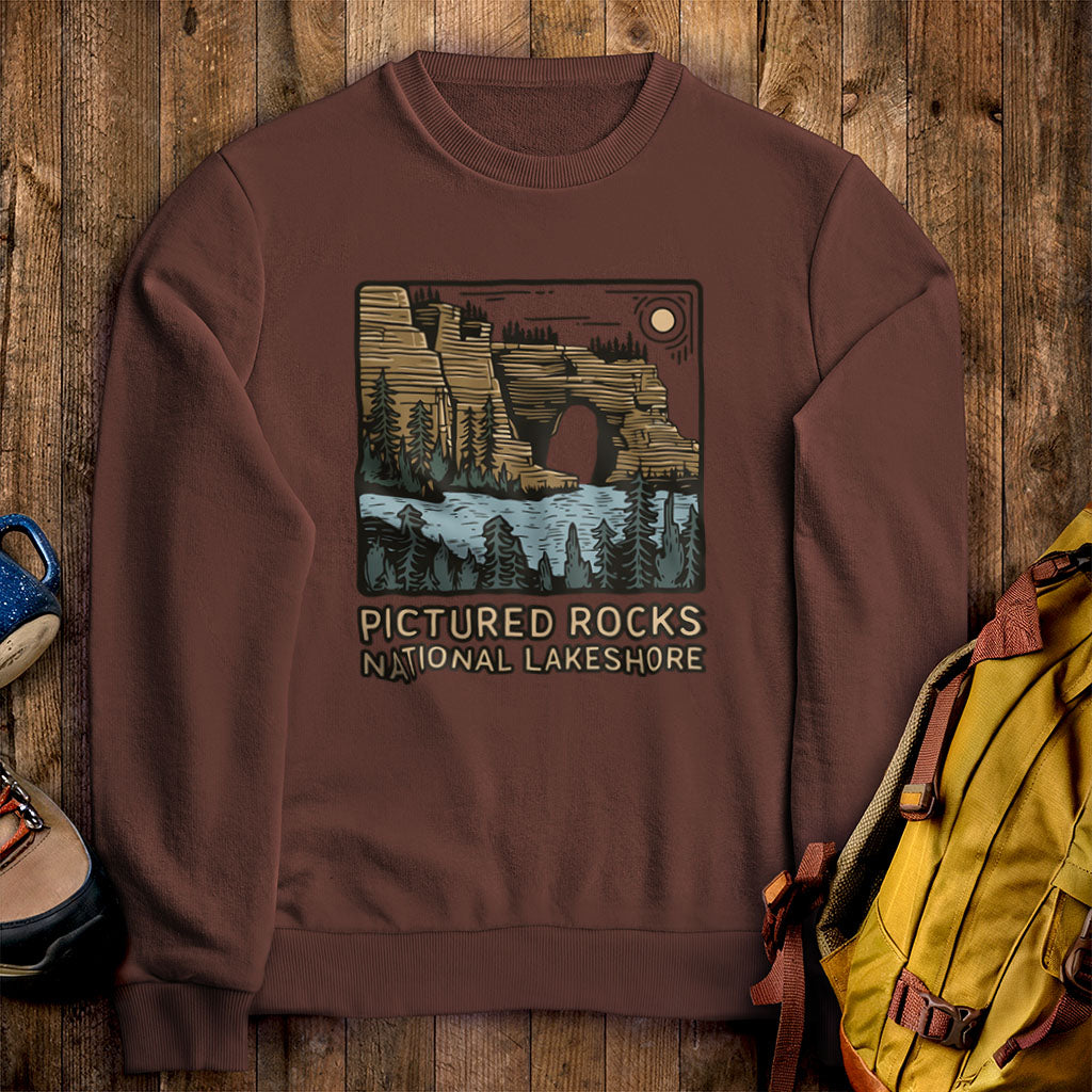 Pictured Rocks National Lakeshore Crewneck Sweatshirt Cocoa Adventure and Outdoors Themed Sweatshirt