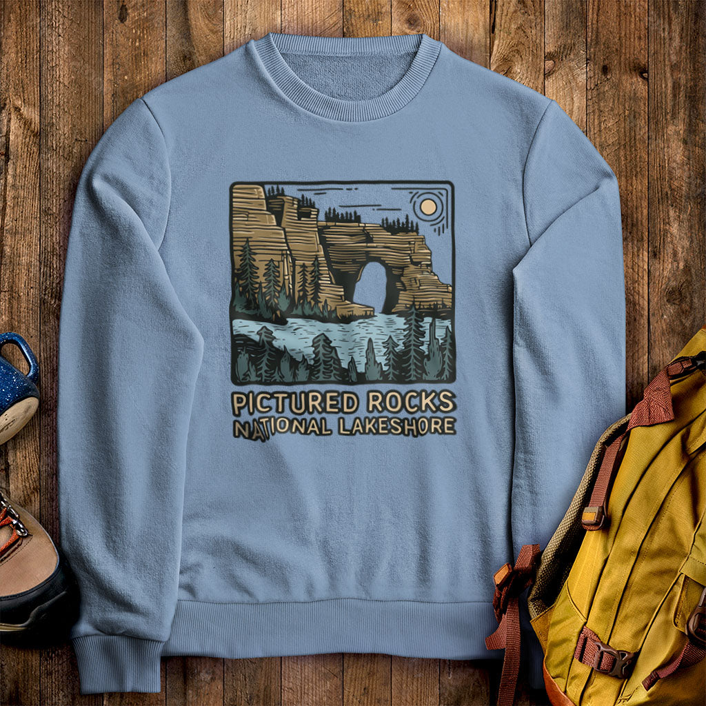 Pictured Rocks National Lakeshore Crewneck Sweatshirt Stone Blue Adventure and Outdoors Themed Sweatshirt
