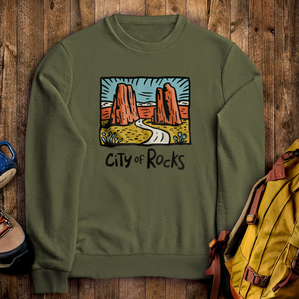 City of Rocks National Reserve Crewneck Sweatshirt Military Green Adventure and Outdoors Themed Sweatshirt