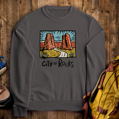 City of Rocks National Reserve Crewneck Sweatshirt Charcoal Adventure and Outdoors Themed Sweatshirt