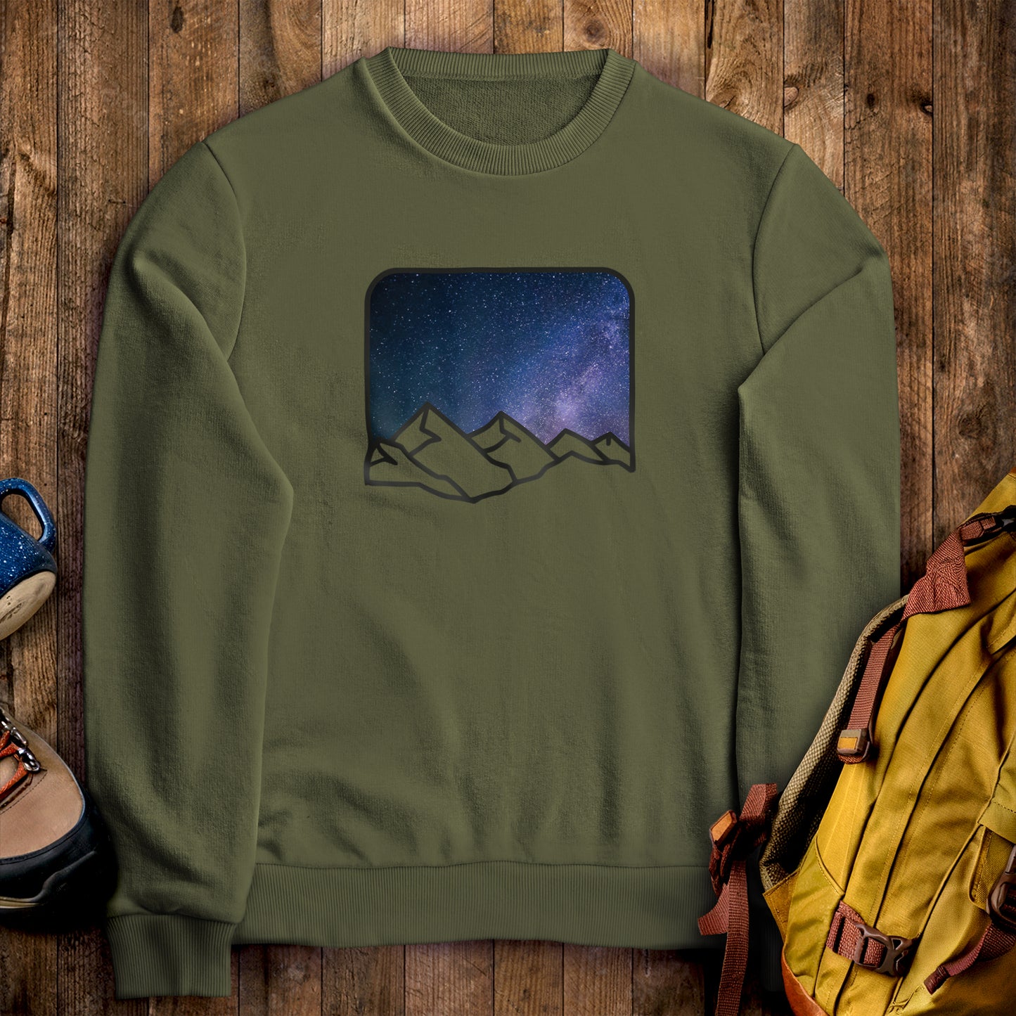 Starry Peaks Crewneck Sweatshirt Military Green Adventure and Outdoors Themed Sweatshirt