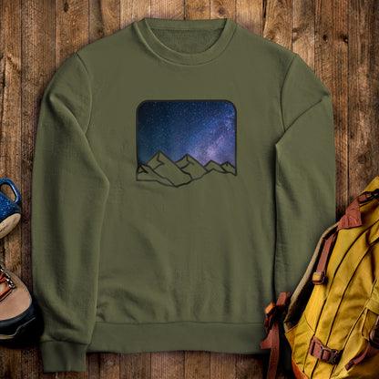 Starry Peaks Crewneck Sweatshirt Military Green Adventure and Outdoors Themed Sweatshirt