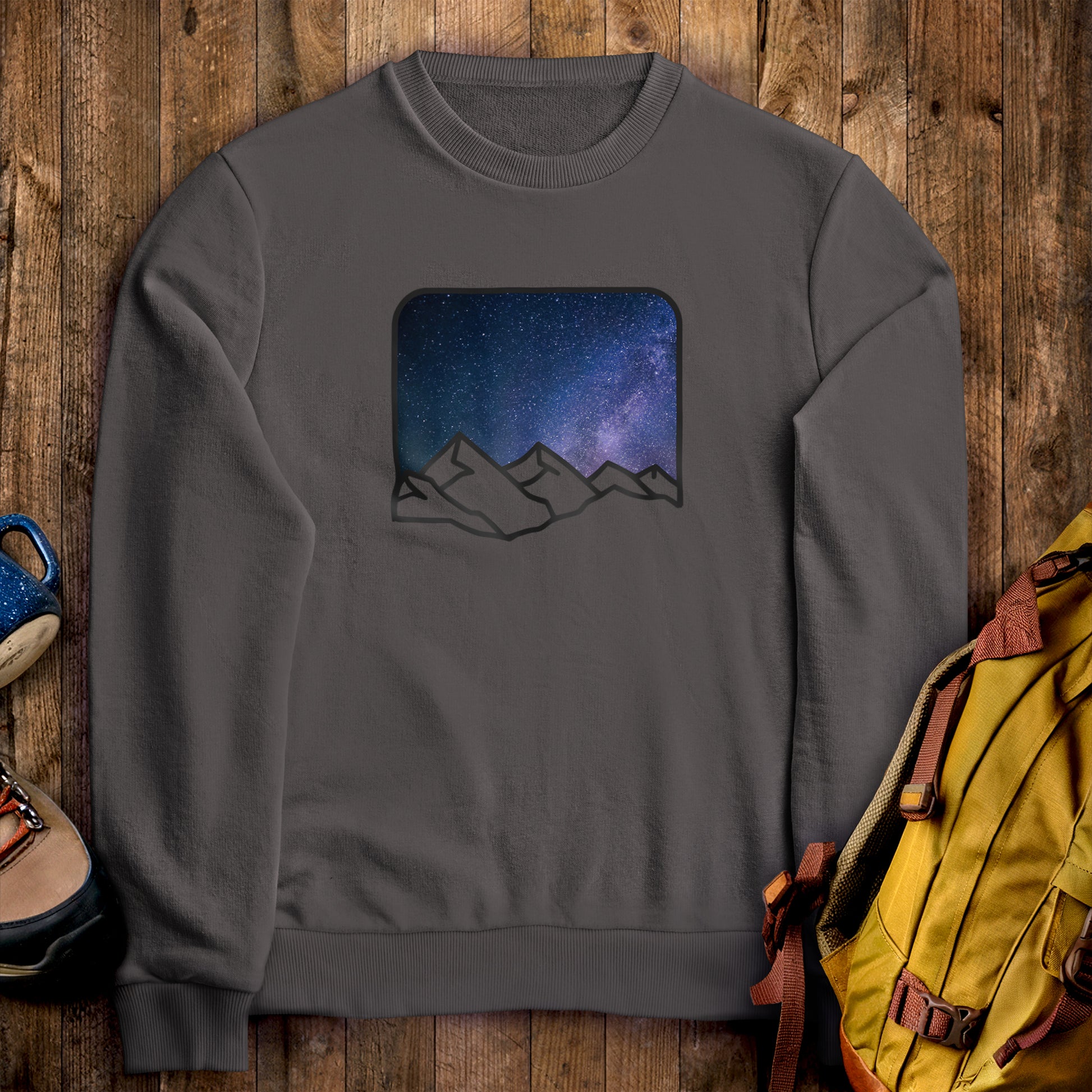 Starry Peaks Crewneck Sweatshirt Charcoal Adventure and Outdoors Themed Sweatshirt