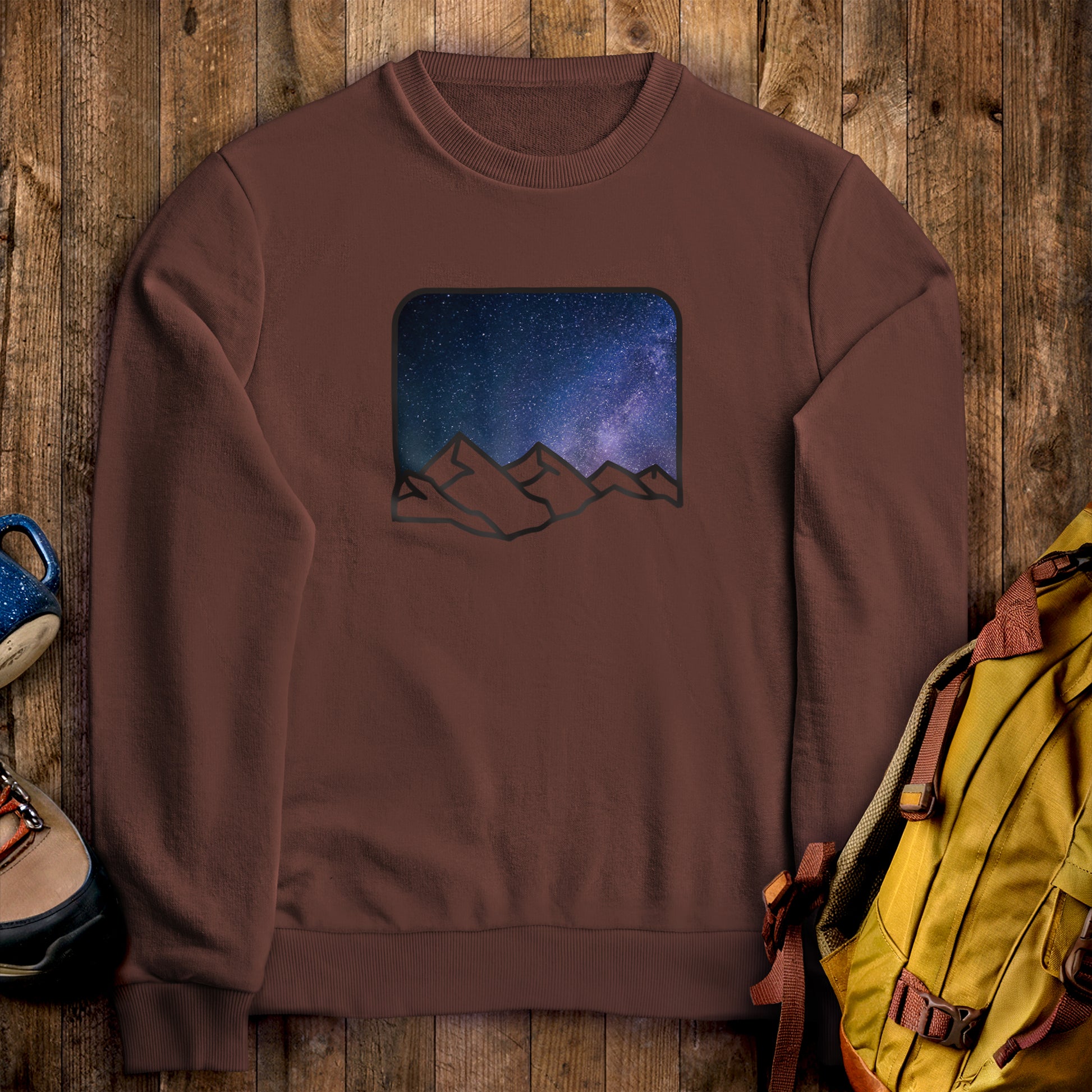 Starry Peaks Crewneck Sweatshirt Cocoa Adventure and Outdoors Themed Sweatshirt