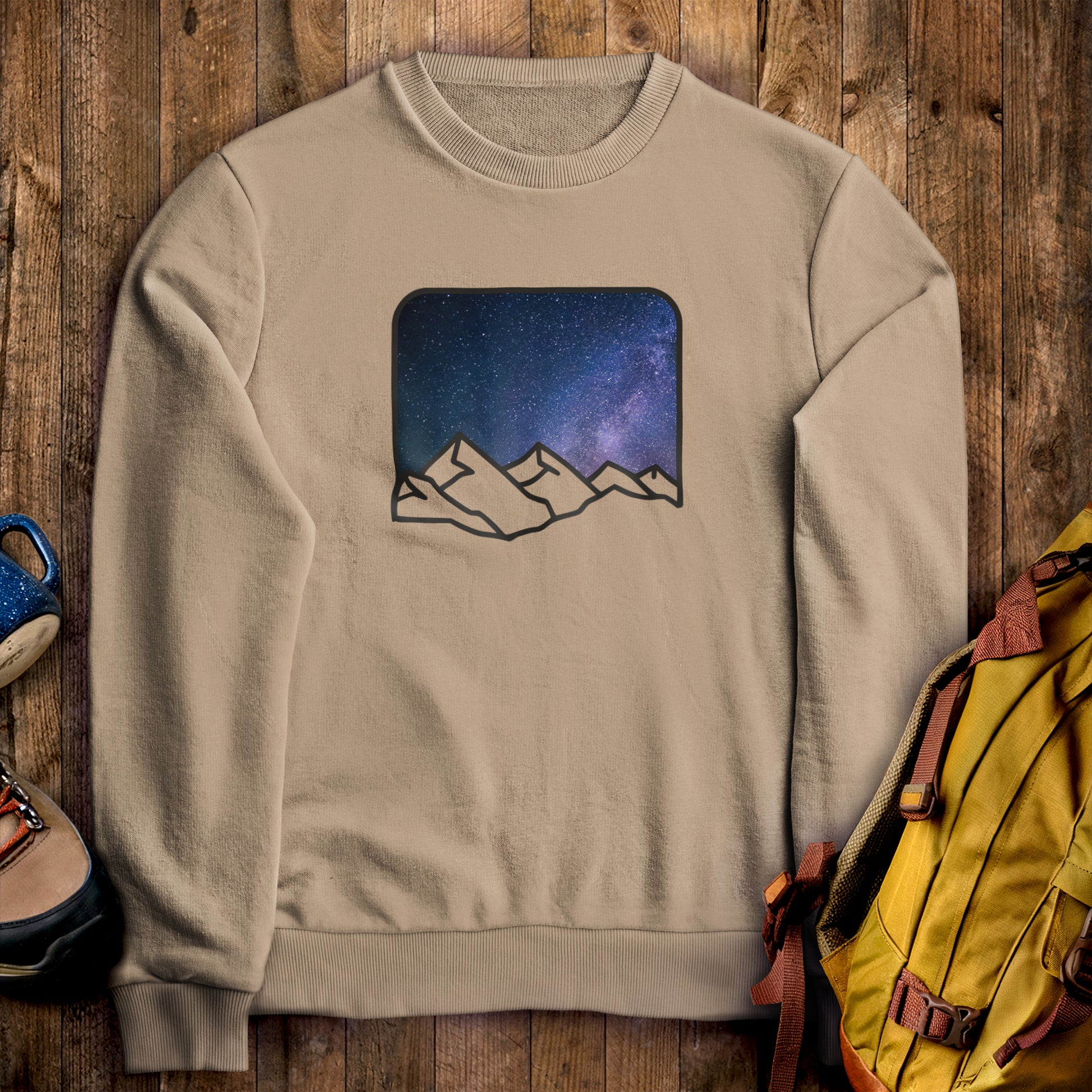 Starry Peaks Crewneck Sweatshirt Sand Adventure and Outdoors Themed Sweatshirt