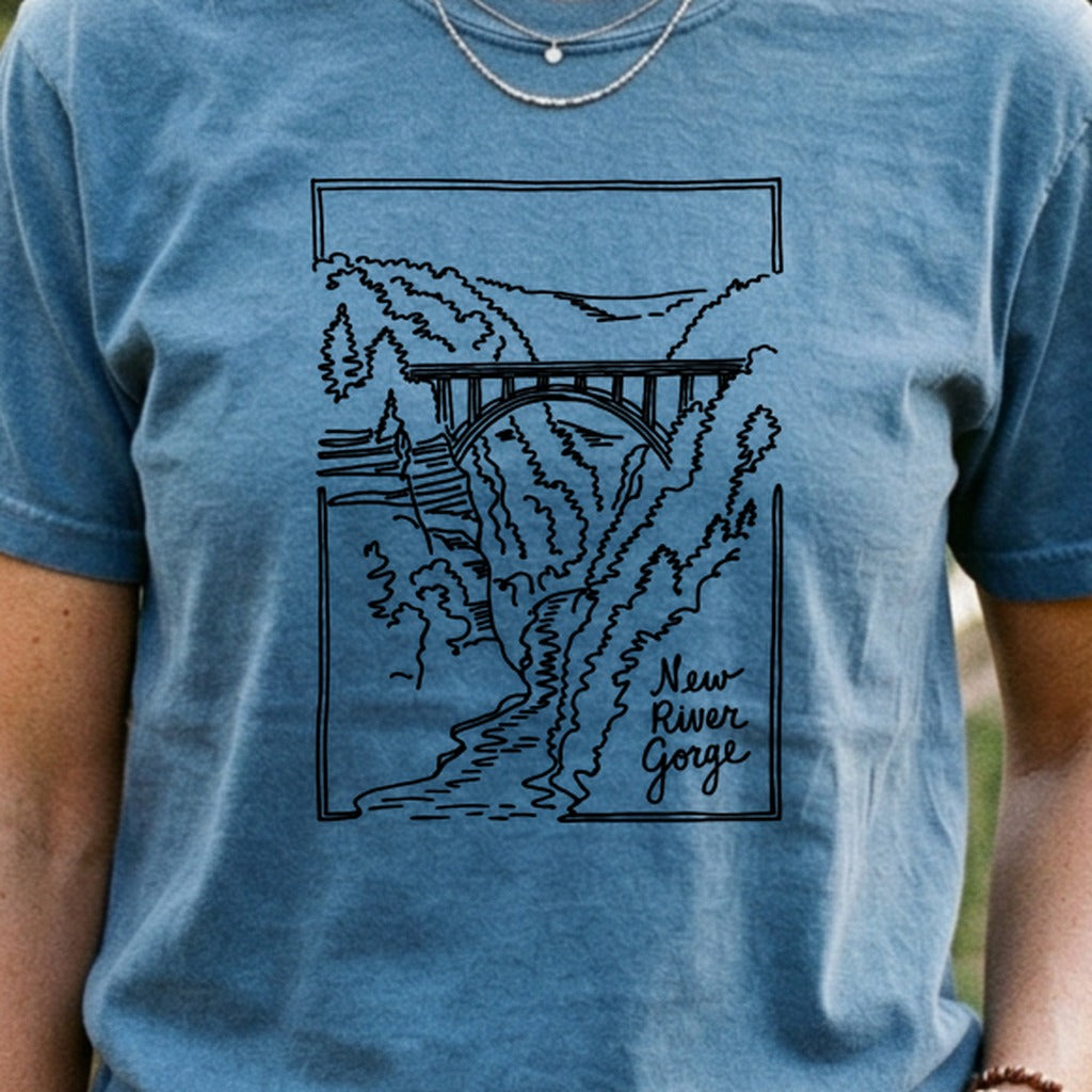 New River Gorge Line Drawing Cotton T-Shirt