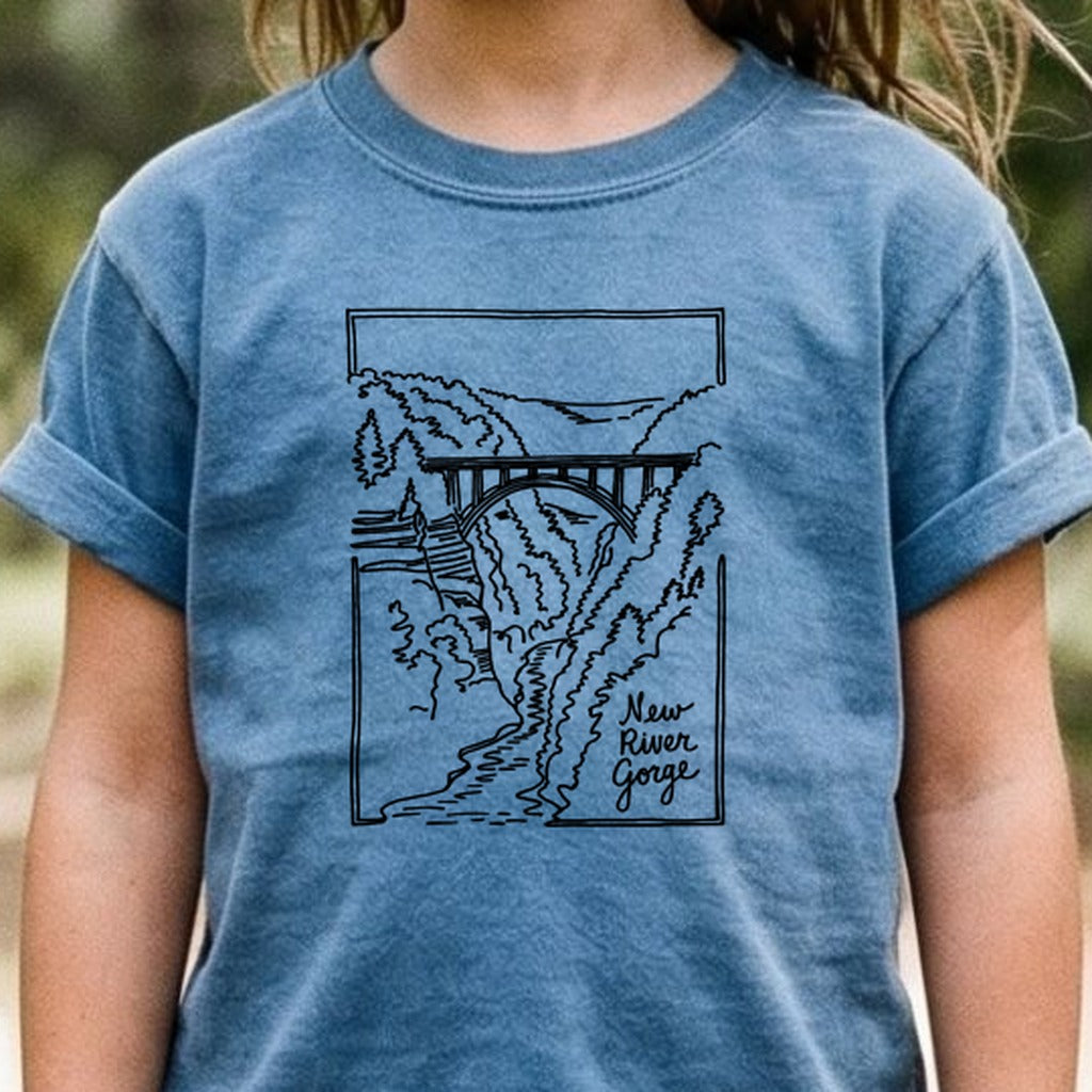 New River Gorge Line Drawing Kids Cotton T-Shirt