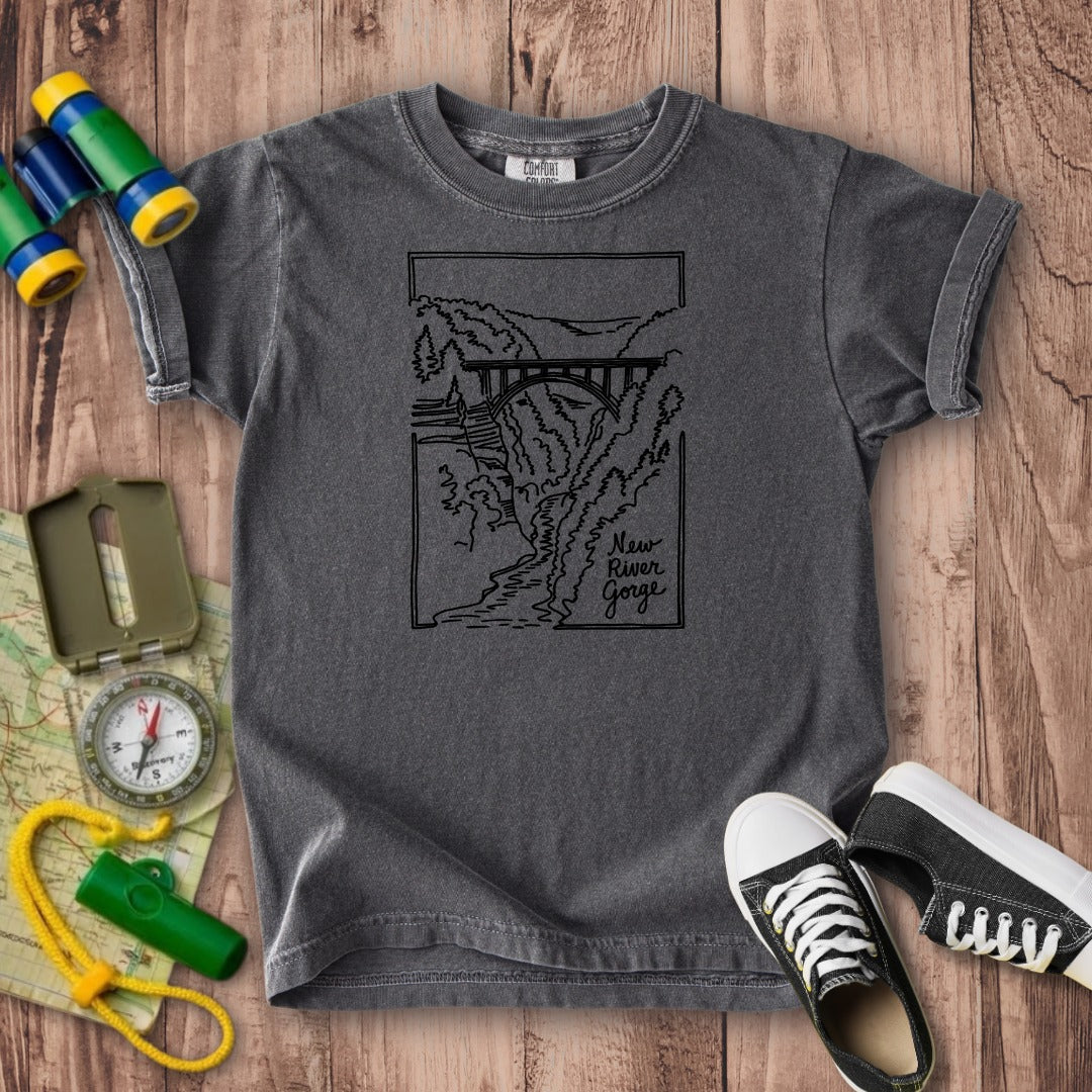 New River Gorge Line Drawing Kids Cotton T-Shirt