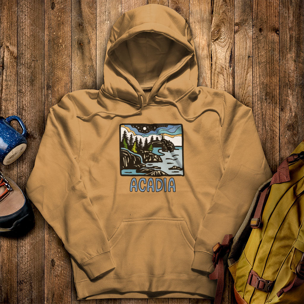 Acadia at Night Hoodie Mustard Adventure and Outdoors Themed Hoodie