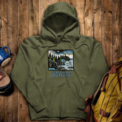 Acadia at Night Hoodie Military Green Adventure and Outdoors Themed Hoodie