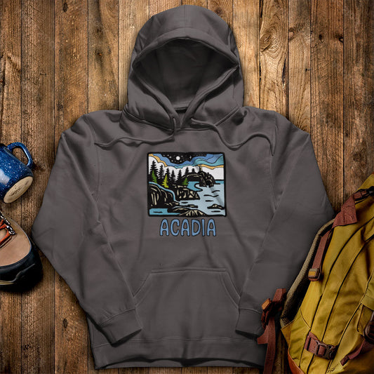Acadia at Night Hoodie Charcoal Adventure and Outdoors Themed Hoodie