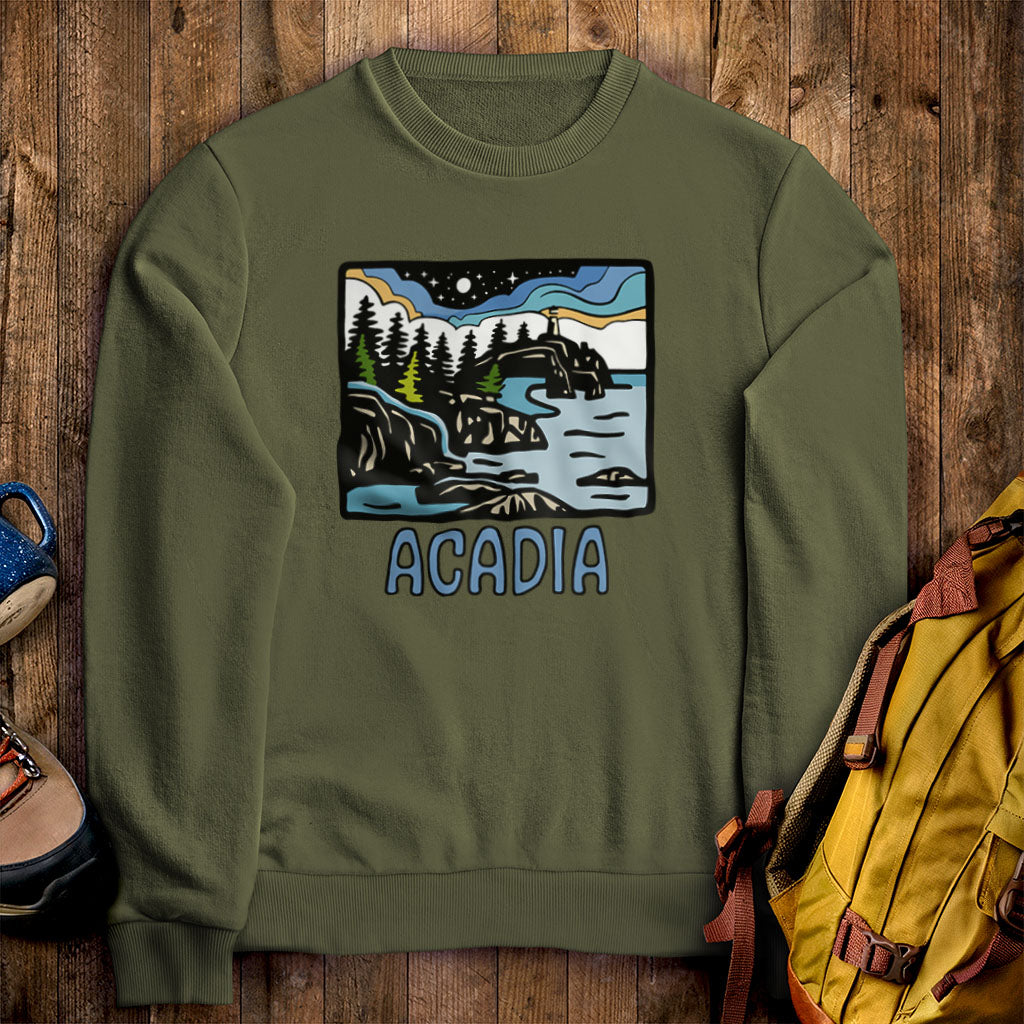 Acadia at Night Crewneck Sweatshirt Military Green Adventure and Outdoors Themed Sweatshirt