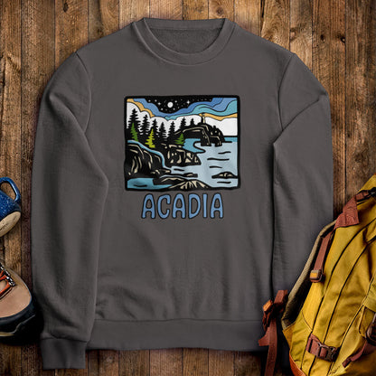 Acadia at Night Crewneck Sweatshirt Charcoal Adventure and Outdoors Themed Sweatshirt