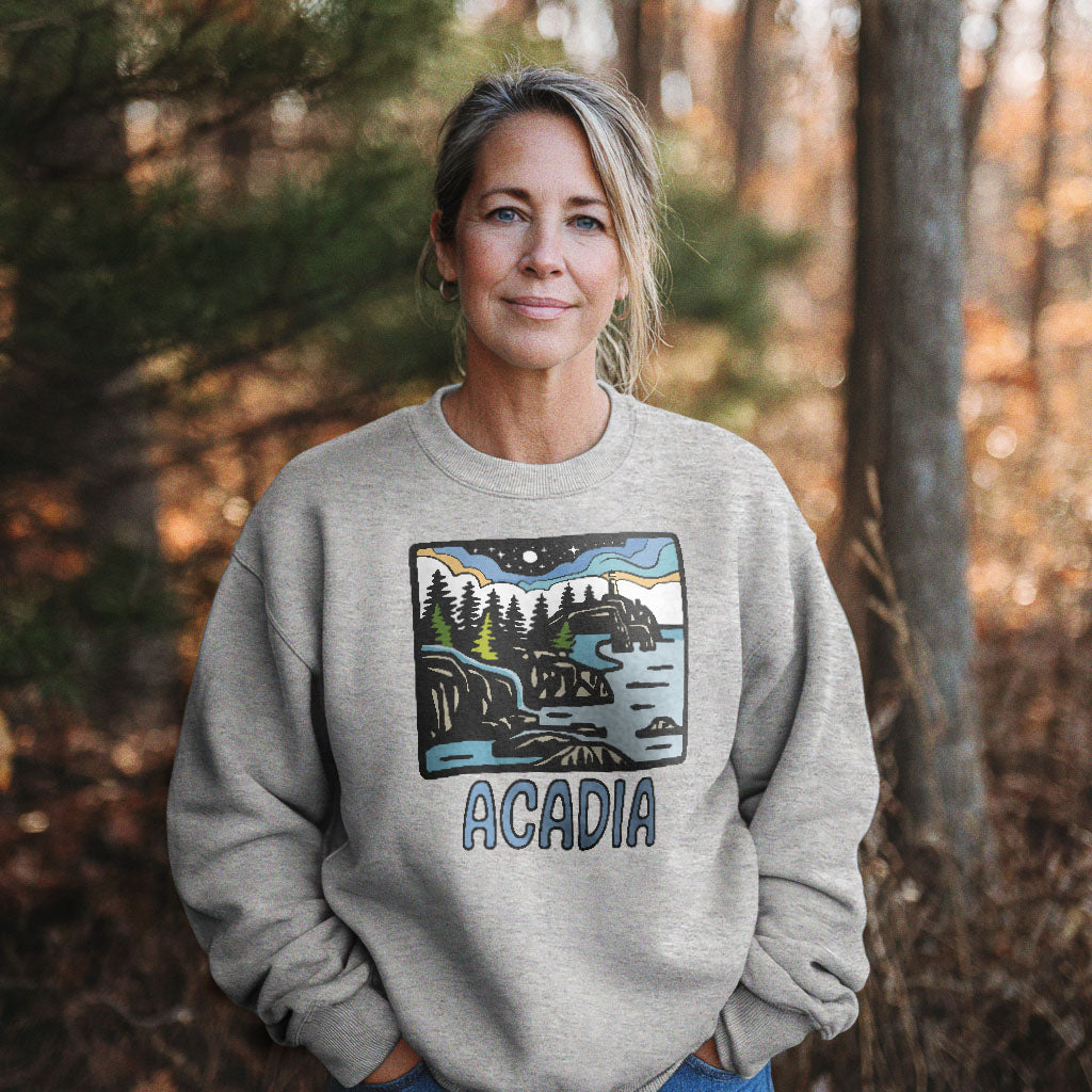 Acadia at Night Crewneck Sweatshirt Adventure and Outdoors Themed Sweatshirt