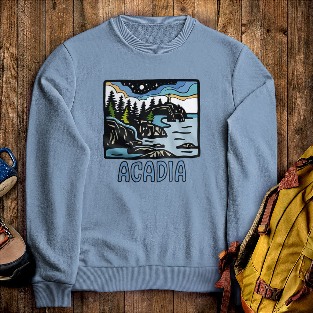 Acadia at Night Crewneck Sweatshirt Stone Blue Adventure and Outdoors Themed Sweatshirt