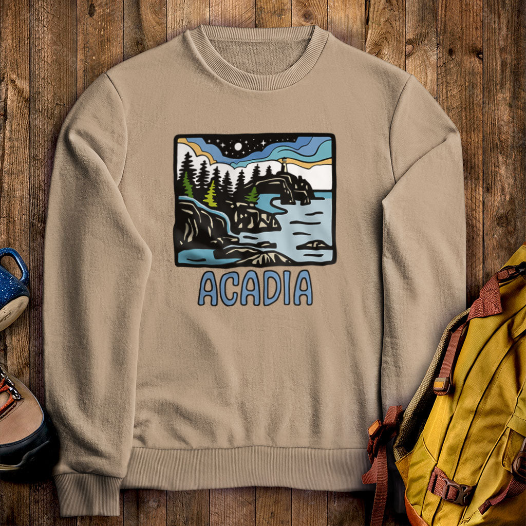 Acadia at Night Crewneck Sweatshirt Sand Adventure and Outdoors Themed Sweatshirt