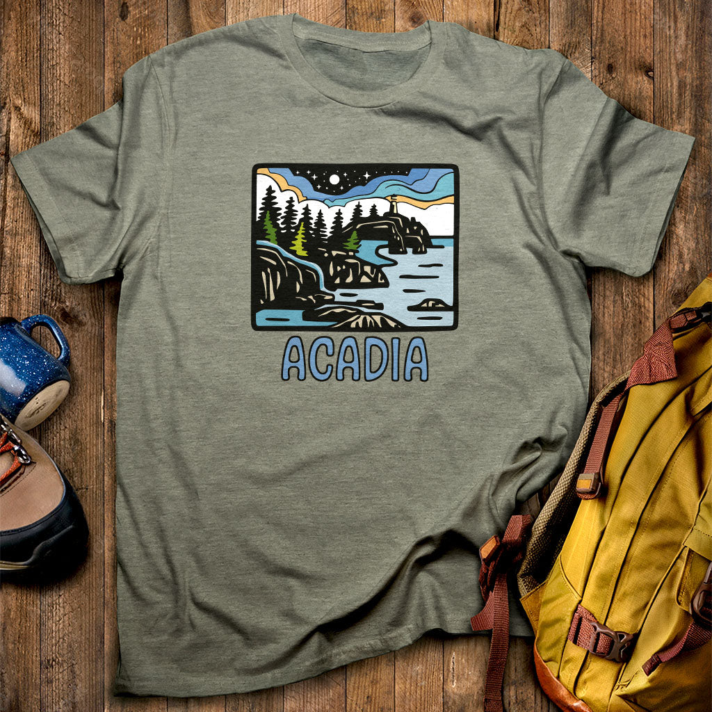 Acadia at Night T-Shirt Heather Military Green Adventure and Outdoors Themed T-Shirt