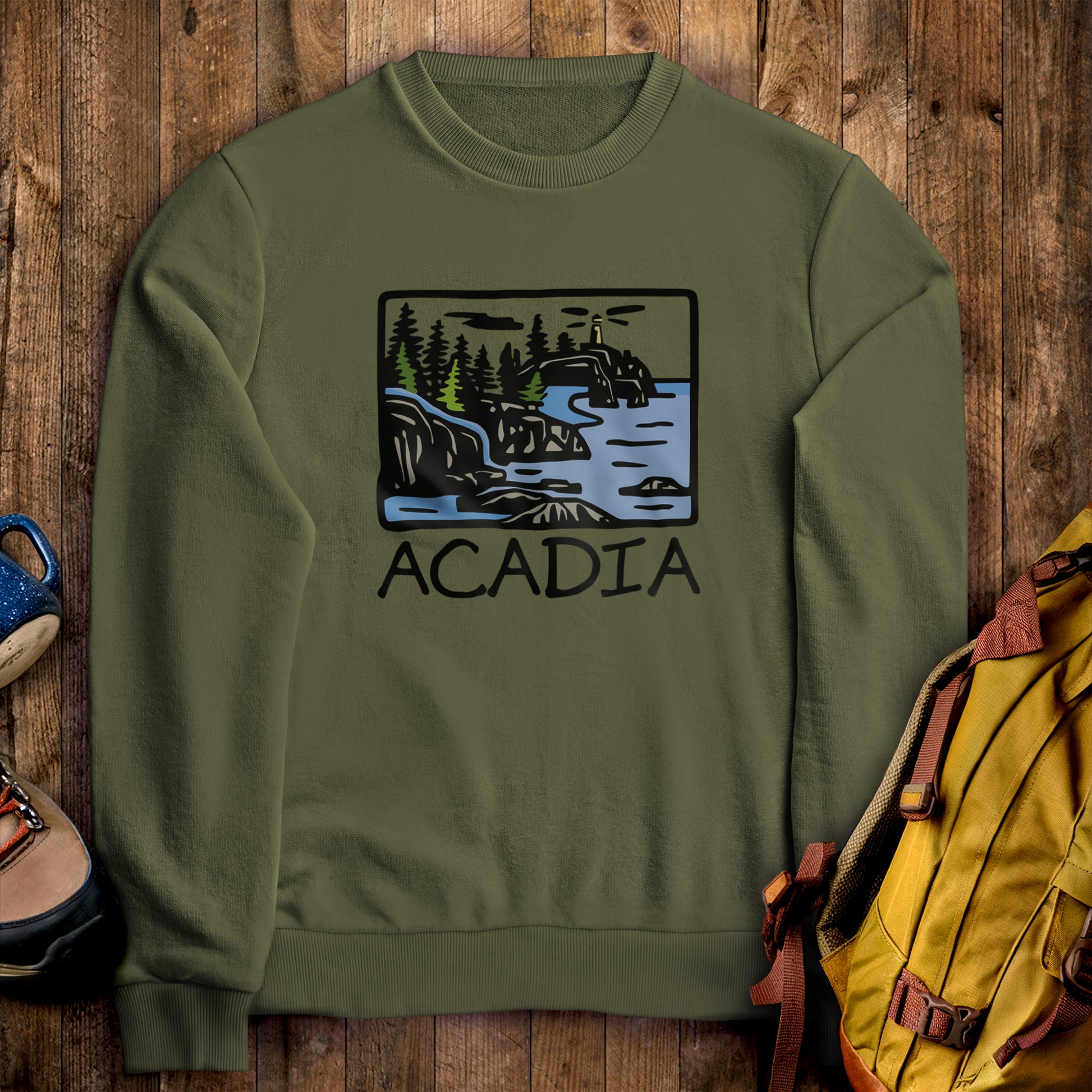 Acadia National Park Crewneck Sweatshirt Military Green Adventure and Outdoors Themed Sweatshirt